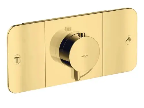 Thermostatmodul mit runder Steuerung, kombiniert mit zwei Schaltern, in glänzendem Goldfinish. Hersteller ist AXOR.